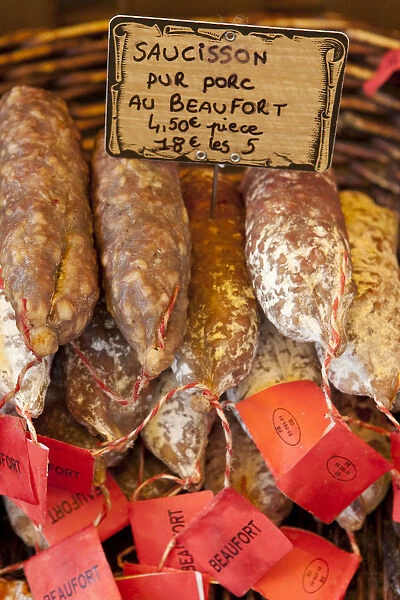 Sausages for sale at the market in St Remy France