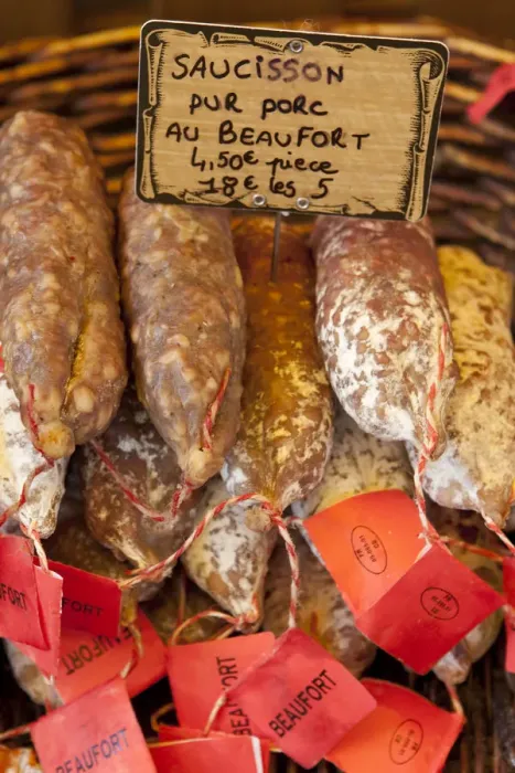 Framed Print : Sausages for sale at the market in St Remy France