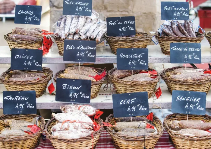 Framed Print : Sausages stall at the outdoor market, Limousin, France