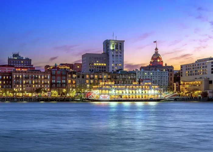 Framed Print : Savannah Skyline of River Street and City Hall with the Georgia Queen at the Dock Savannah, Georgia, USA Framed Print : Savannah Skyline of River Street and City Hall with the Georgia Queen at the Dock Savannah, Georgia, USA