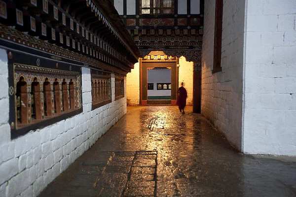 Scene from the Tashichodzong in Thimpu, Bhutan. Tashichoedzong is a Buddhist monastery