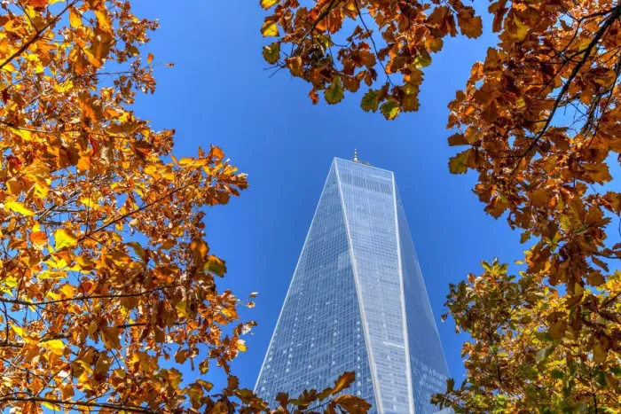 Framed Print : Scenic autumn low angle view of the One World Trade Center, Manhattan, New York, USA Framed Print : Scenic autumn low angle view of the One World Trade Center, Manhattan, New York, USA