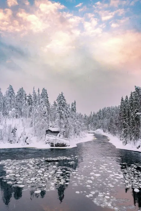 Framed Print : Scenic clouds at dawn over Myllykoski old mill and river in a snowy forest, Oulanka National Park, Kuusamo, Lapland, Finland Framed Print : Scenic clouds at dawn over Myllykoski old mill and river in a snowy forest, Oulanka National Park, Kuusamo, Lapland, Finland