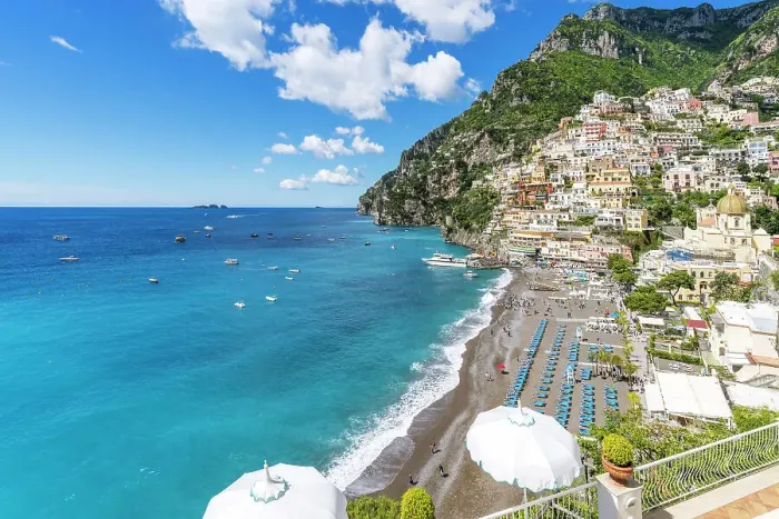 Framed Print : Scenic Coastal Beach View Positano, Amalfi Coast, Campania, Italy