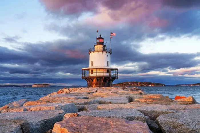 Framed Print : Scenic Spring Point Ledge Lighthouse and Breakwater at Sunset Portland Maine, New England, USA Framed Print : Scenic Spring Point Ledge Lighthouse and Breakwater at Sunset Portland Maine, New England, USA