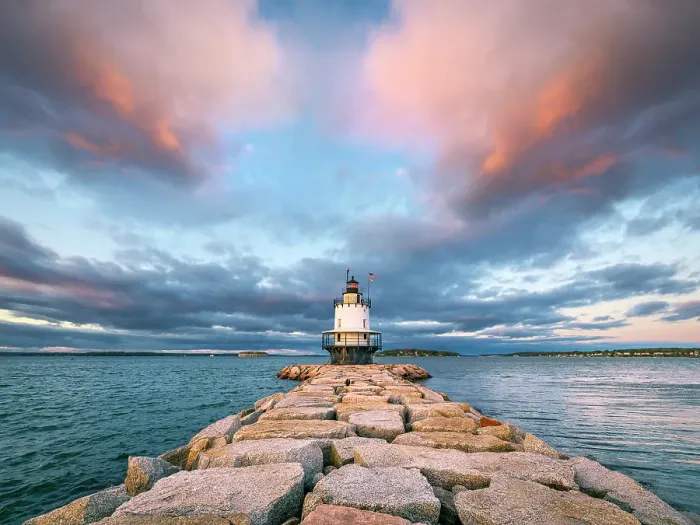 Framed Print : Scenic Spring Point Ledge Lighthouse and Breakwater at Sunset Portland Maine, New England, USA Framed Print : Scenic Spring Point Ledge Lighthouse and Breakwater at Sunset Portland Maine, New England, USA