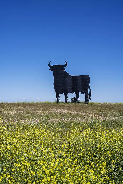 Scenic springtime landscape with a silhouetted image of an Osborne bull billboard in rural Castilla-La Mancha, Spain