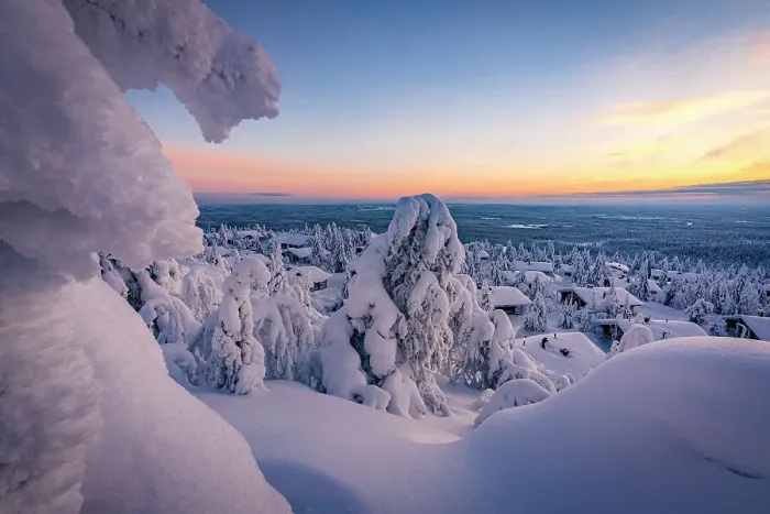 Framed Print : Scenic sunrise over a frozen snowy forest surrounding the fairy tale village of Pudasjarvi after a blizzard, Lapland, Finland Framed Print : Scenic sunrise over a frozen snowy forest surrounding the fairy tale village of Pudasjarvi after a blizzard, Lapland, Finland
