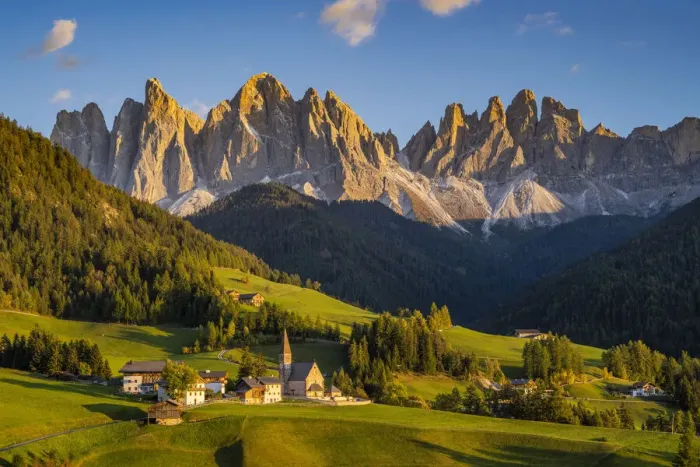 Framed Print : Scenic sunset view over the village of Santa Maddalena with the Odle Dolomites mountain group behind, Funes valley, South Tyrol, Italy Framed Print : Scenic sunset view over the village of Santa Maddalena with the Odle Dolomites mountain group behind, Funes valley, South Tyrol, Italy