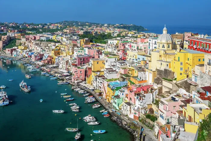 Framed Print : Scenic view of the colorful fishing village of Corricella, Procida, Campania, Italy Framed Print : Scenic view of the colorful fishing village of Corricella, Procida, Campania, Italy