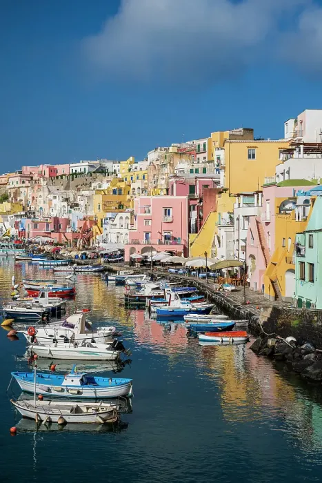 Framed Print : Scenic view of the colorful fishing village of Corricella, Procida, Campania, Italy Framed Print : Scenic view of the colorful fishing village of Corricella, Procida, Campania, Italy