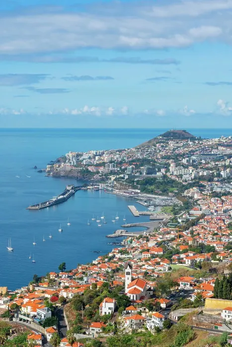 Framed Print : Scenic view of Funchal on sunny day, Madeira, Portugal Framed Print : Scenic view of Funchal on sunny day, Madeira, Portugal