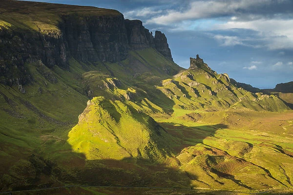 Scenic view of green landscape at Quiraing, Isle of Skye, Highland Region, Scotland