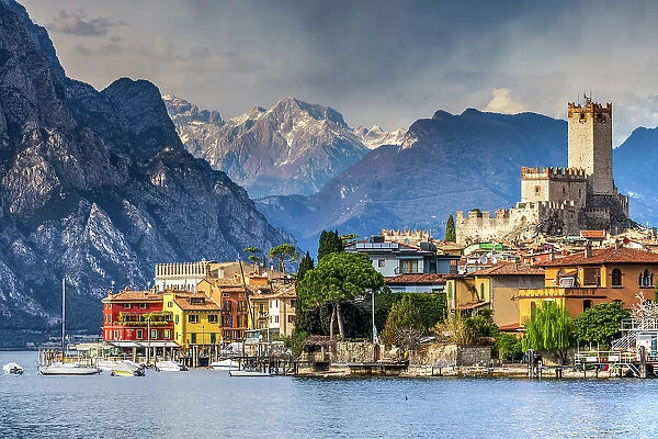 Scenic view of Malcesine with the Alps in the background, Lake Garda, Veneto, Italy