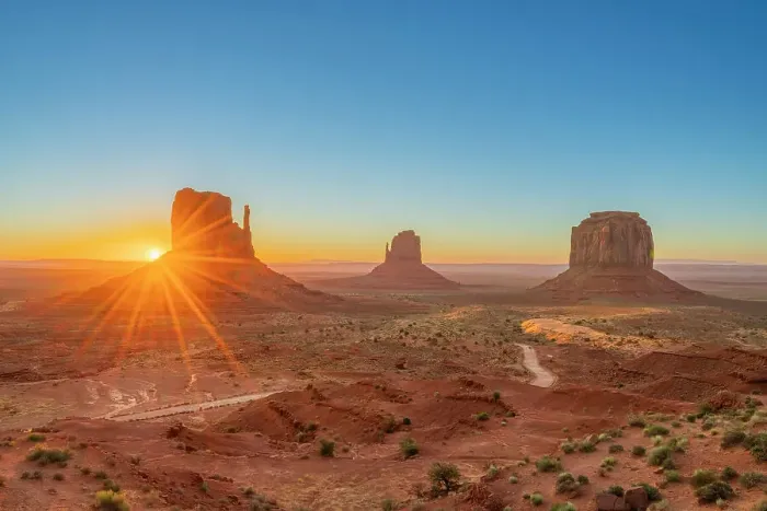 Framed Print : Scenic view of The Mitten buttes at sunrise, Monument Valley, Arizona, USA Framed Print : Scenic view of The Mitten buttes at sunrise, Monument Valley, Arizona, USA