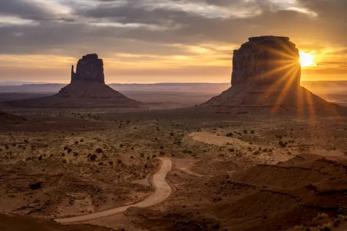 Framed Print : Scenic view of The Mittens at sunrise, Monument Valley, Arizona, USA