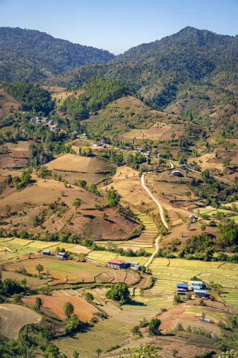 Framed Print : Scenic view of mountainous countryside and fields near Kalaw, Kalaw Township Framed Print : Scenic view of mountainous countryside and fields near Kalaw, Kalaw Township
