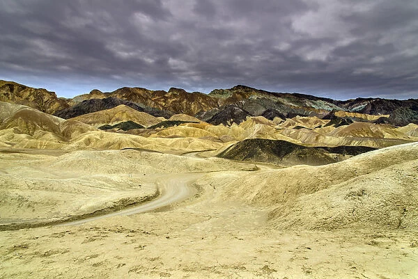 Scenic view over multicolored badlands at Twenty Mule Team Canyon, Death Valley National