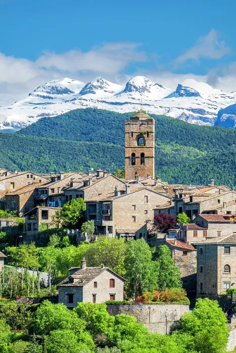 Framed Print : Scenic view of the old town with the snowy Spanish Pyrenees in the background, Ainsa, Aragon, Spain Framed Print : Scenic view of the old town with the snowy Spanish Pyrenees in the background, Ainsa, Aragon, Spain