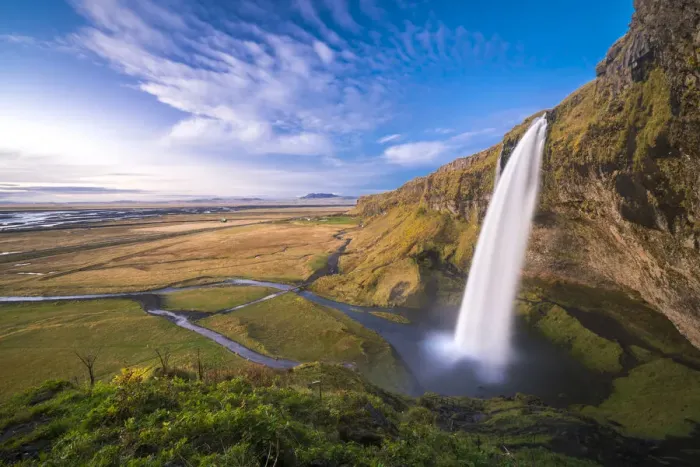 Framed Print : Scenic view of Seljalandsfoss waterfall from hill, South Iceland, Iceland Framed Print : Scenic view of Seljalandsfoss waterfall from hill, South Iceland, Iceland