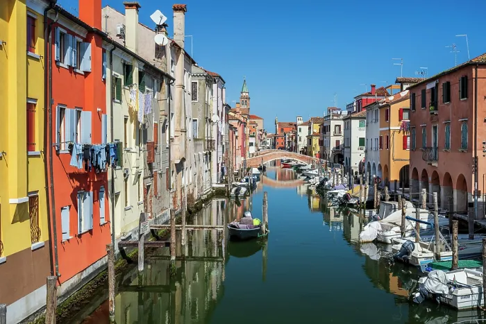 Framed Print : Scenic view over Vena Canal and multicolored houses, Chioggia, Veneto, Italy Framed Print : Scenic view over Vena Canal and multicolored houses, Chioggia, Veneto, Italy