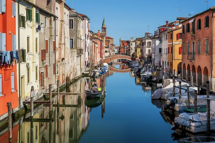 Framed Print : Scenic view over Vena Canal and multicolored houses, Chioggia, Veneto, Italy Framed Print : Scenic view over Vena Canal and multicolored houses, Chioggia, Veneto, Italy