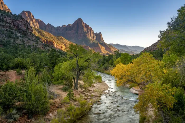 Framed Print : Scenic view of The Watchman mountain from Virgin river at sunset, Zion National Park Framed Print : Scenic view of The Watchman mountain from Virgin river at sunset, Zion National Park