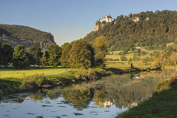 Schloss Werenwag Castle reflecting in Danube River, Hausen an der Donau, Swabian Jura, Baden-Wurttemberg, Germany