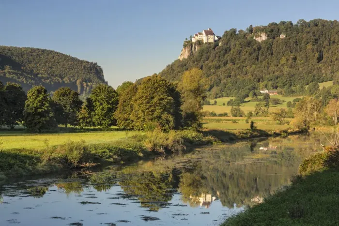 Framed Print : Schloss Werenwag Castle reflecting in Danube River, Hausen an der Donau, Swabian Jura, Baden-Wurttemberg, Germany Framed Print : Schloss Werenwag Castle reflecting in Danube River, Hausen an der Donau, Swabian Jura, Baden-Wurttemberg, Germany