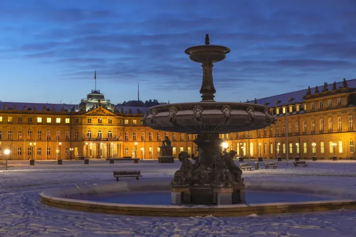 Framed Print : Schlossplatz Square and Neues Schloss Castle in winter, Stuttgart, Baden-Wurttemberg, Germany
