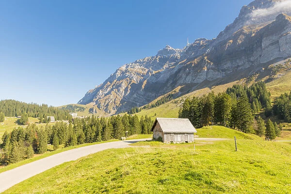 Schwaagalp pass, Switzerland. Mountain hut in front of mount Saantis