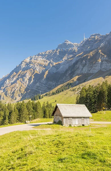 Schwaagalp pass, Switzerland. Mountain hut in front of mount Saantis