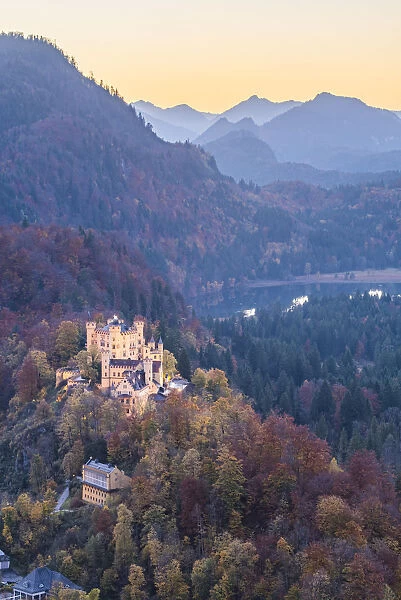 Schwangau, Bavaria, Germany, Europe. Hohenschwangau castle at dusk