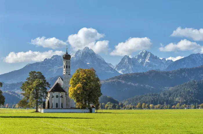 Framed Print : Schwangau, Swabia, Bavaria, Germany. The pilgrimage church of Saint Coloman. In the background the Gehrenspitze in the Tannheim mountains Framed Print : Schwangau, Swabia, Bavaria, Germany. The pilgrimage church of Saint Coloman. In the background the Gehrenspitze in the Tannheim mountains