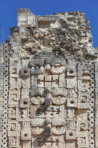 Detail of a sculpture inside the ancient Mayan town of Uxmal, Yucatan, Mexico. The ruins of Uxmal have been declared a UNESCO World Heritage Site in 1996