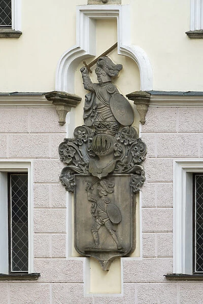 Sculpture on the wall of Blatna Castle, Blatna, Strakonice District, South Bohemian Region, Czech Republic