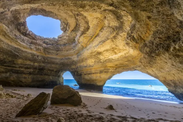 Framed Print : The sea caves of Benagil with natural windows on the clear waters of the Atlantic Framed Print : The sea caves of Benagil with natural windows on the clear waters of the Atlantic