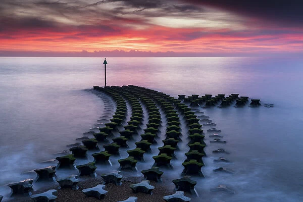 Sea Defences at Sunrise, Felixstowe, Suffolk, England
