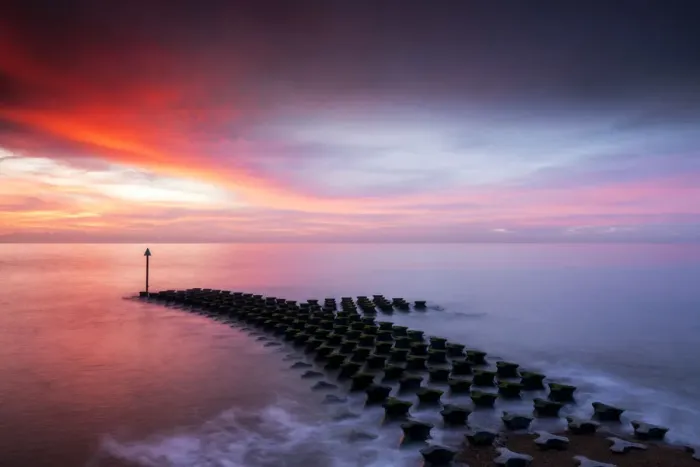 Framed Print : Sea Defences at Sunrise, Felixstowe, Suffolk, England