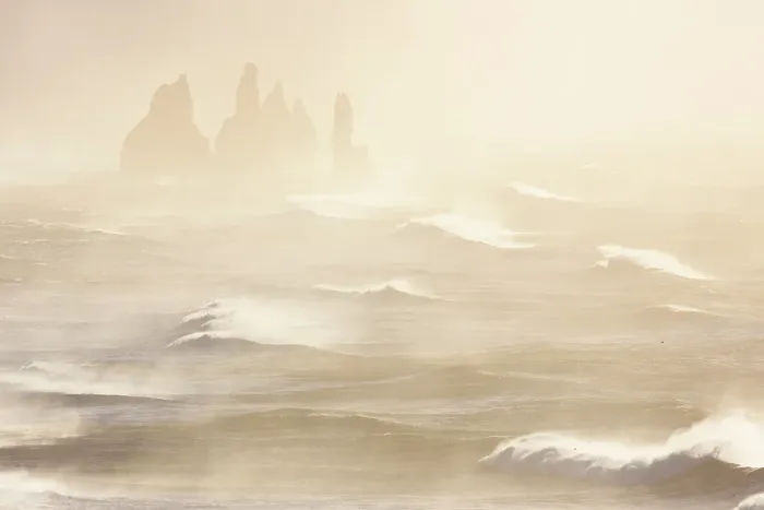 Framed Print : Sea stacks near Reynisfjara beach during sunrise in winter from Dyrholaey. Vik I Myrdal, southern Iceland, Iceland