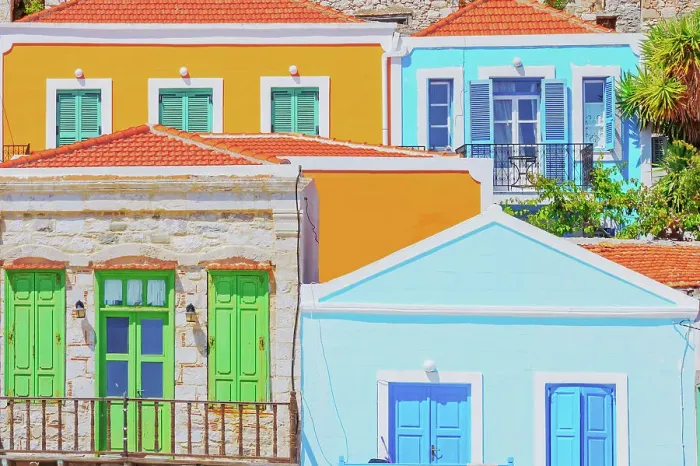 Framed Print : Seafront traditional houses, Halki Island, Dodecanese Islands, Greece Framed Print : Seafront traditional houses, Halki Island, Dodecanese Islands, Greece