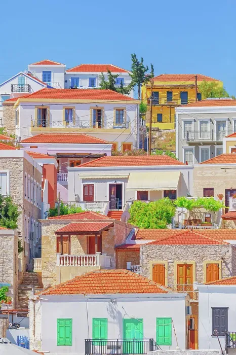 Framed Print : Seafront traditional houses, Halki Island, Dodecanese Islands, Greece Framed Print : Seafront traditional houses, Halki Island, Dodecanese Islands, Greece