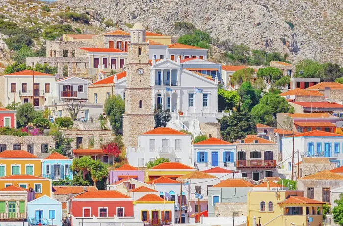 Framed Print : Seafront traditional houses, Halki Island, Dodecanese Islands, Greece Framed Print : Seafront traditional houses, Halki Island, Dodecanese Islands, Greece
