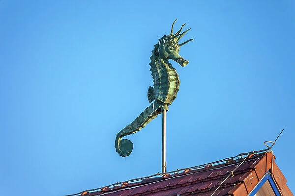Seahorse figure on the roof of the Kurhaus in Zingst, Mecklenburg-Western Pomerania, Baltic Sea, Northern Germany, Germany