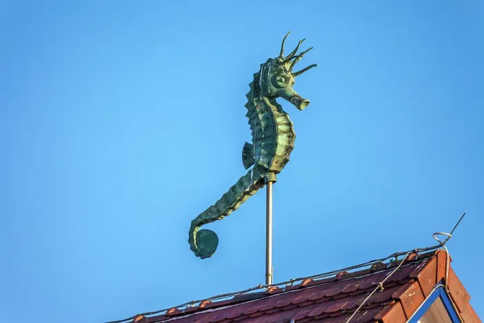 Framed Print : Seahorse figure on the roof of the Kurhaus in Zingst, Mecklenburg-Western Pomerania, Baltic Sea, Northern Germany, Germany Framed Print : Seahorse figure on the roof of the Kurhaus in Zingst, Mecklenburg-Western Pomerania, Baltic Sea, Northern Germany, Germany