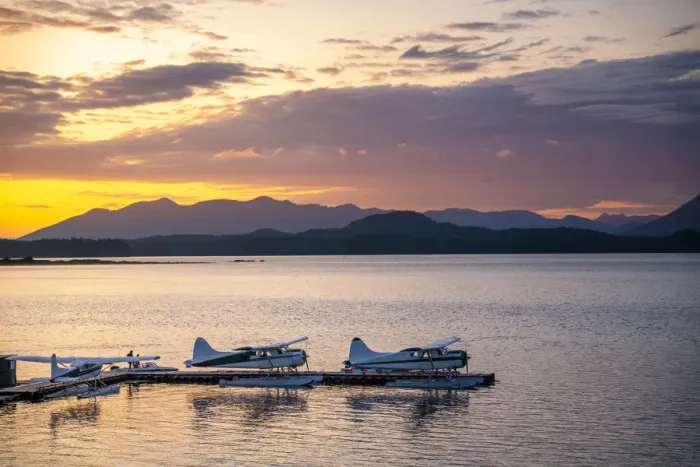 Framed Print : Seaplanes and dock at sunset in Tofino, Vancouver Island, British Columbia, Canada
