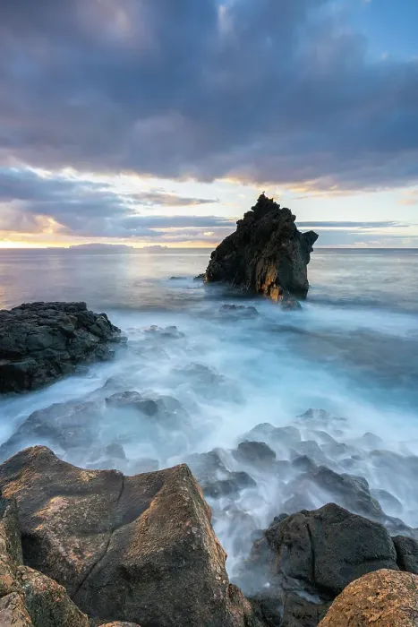 Framed Print : Seascape at rocky coast of Santa Cruz at sunrise, Madeira, Portugal Framed Print : Seascape at rocky coast of Santa Cruz at sunrise, Madeira, Portugal