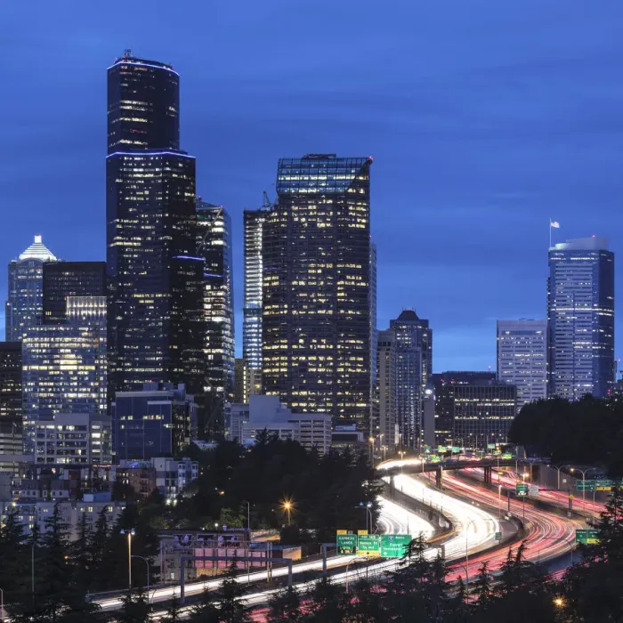 Framed Print : Seattle skyline and Interstate 5, Washington, USA Framed Print : Seattle skyline and Interstate 5, Washington, USA