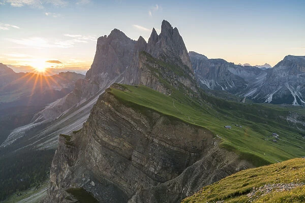 Seceda peaks at dawn in summer. Ortisei, Bolzano province, Trentino Alto Adige, Italy