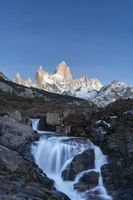 Framed Print : Secret waterfall and Fitz Roy at dusk, El Chalten, Santa Cruz province, Argentina Framed Print : Secret waterfall and Fitz Roy at dusk, El Chalten, Santa Cruz province, Argentina